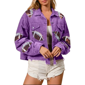 NWT Purple Corduroy Jacket with Sequin Footballs Super Bowl Jacket Small